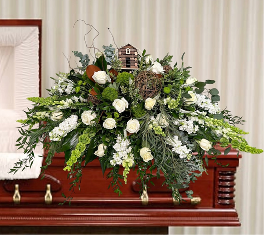 White and Wood Casket Spray